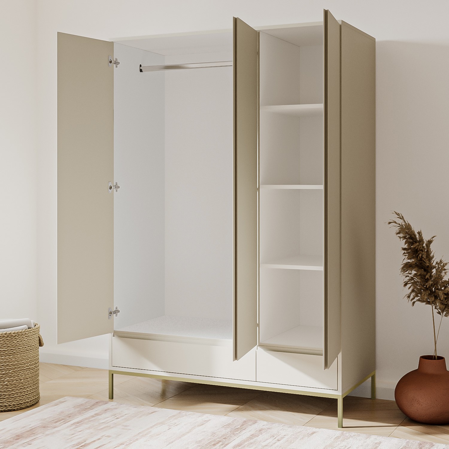 Read more about Modern beige 3 door triple wardrobe with drawers and shelves
